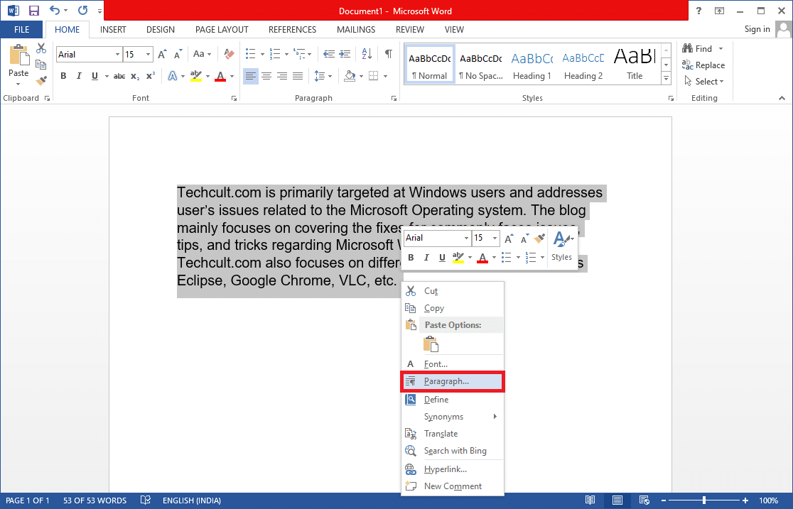 Options after right clicking a selected paragraph. 