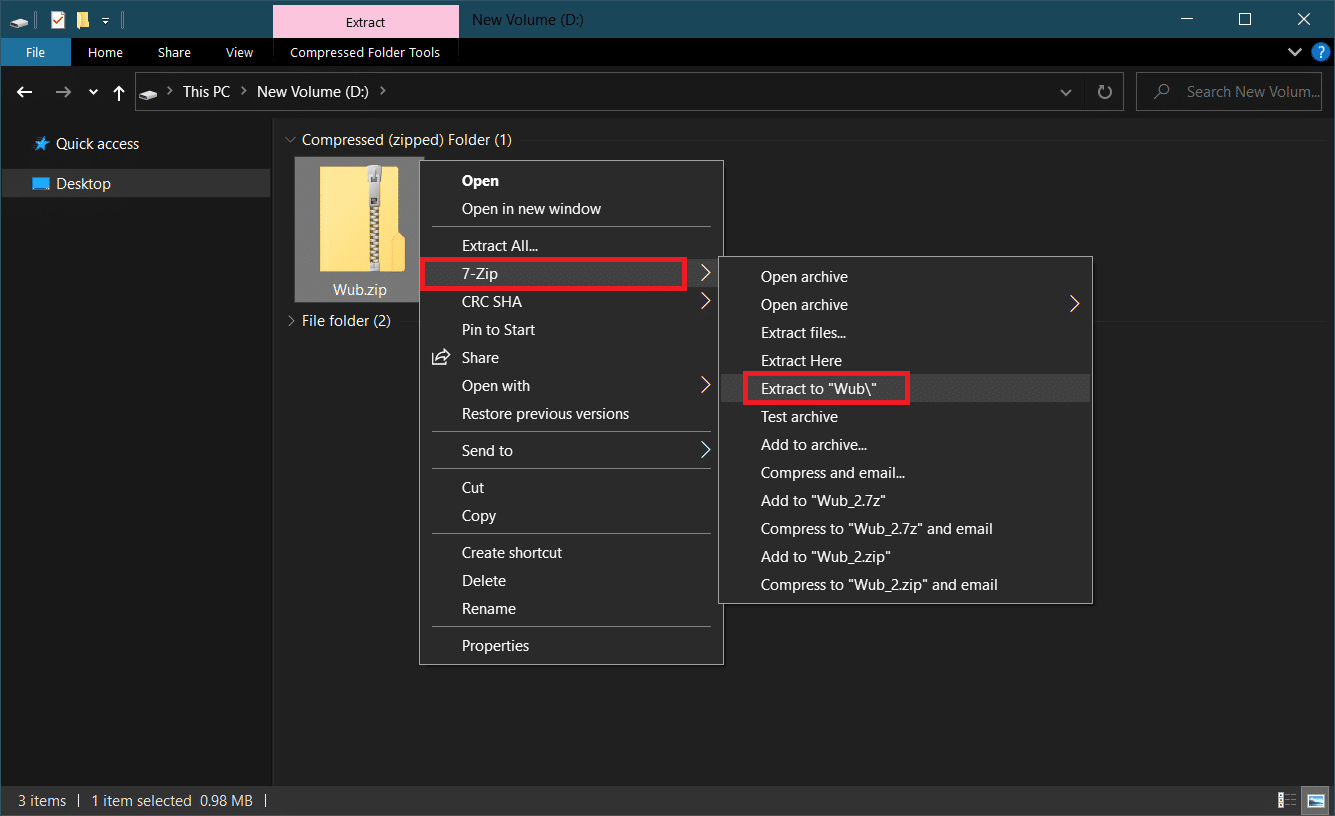 Options after right clicking on Wub.zip