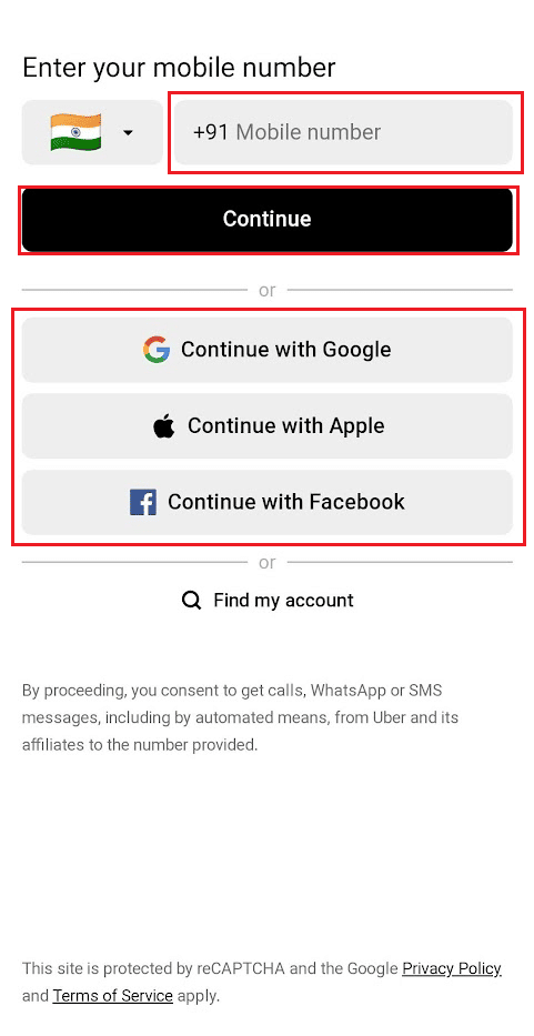 other phone number - Continue OR Continue with Google, Apple, or Facebook