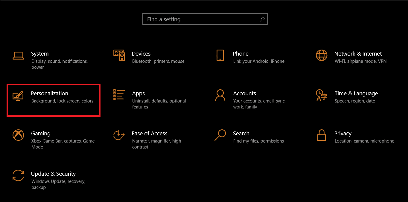 Personalization option in Settings. How to Change Taskbar Color in Windows 10