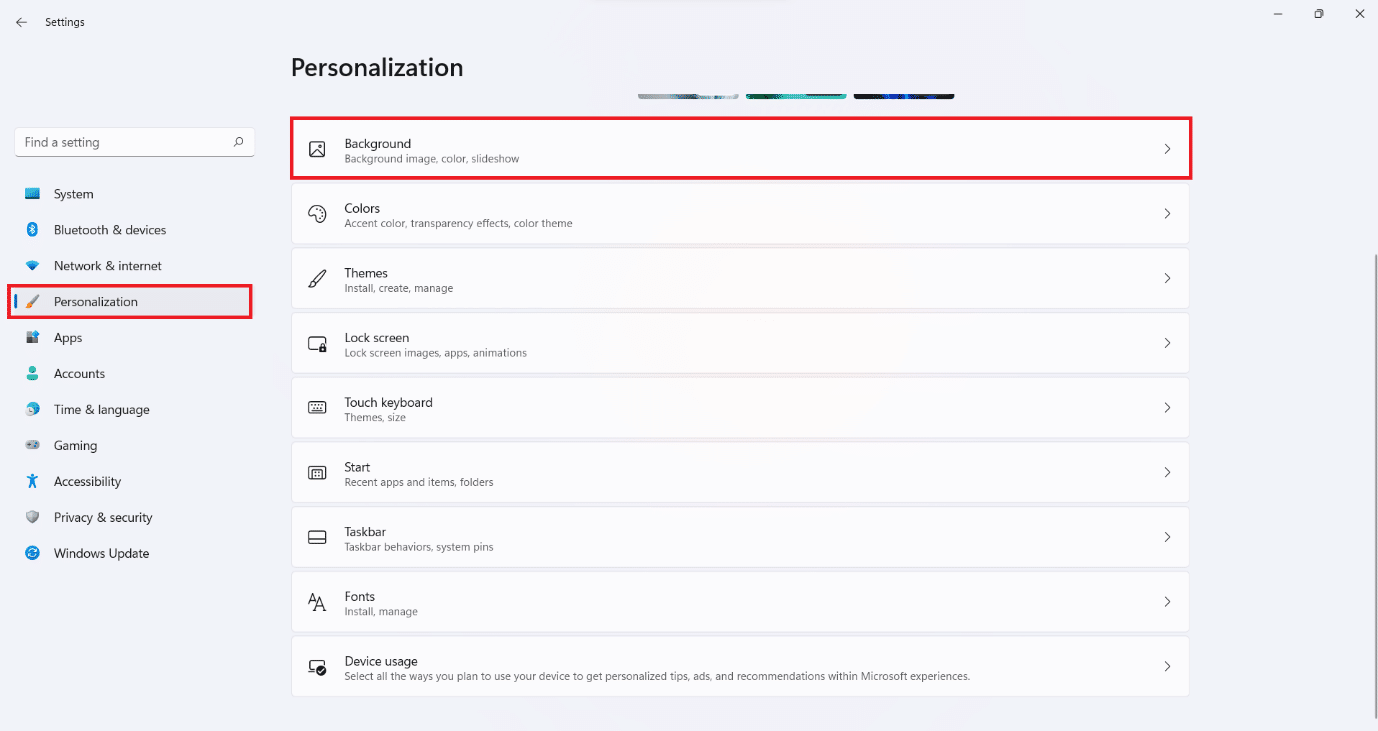 Personalization section in the settings window
