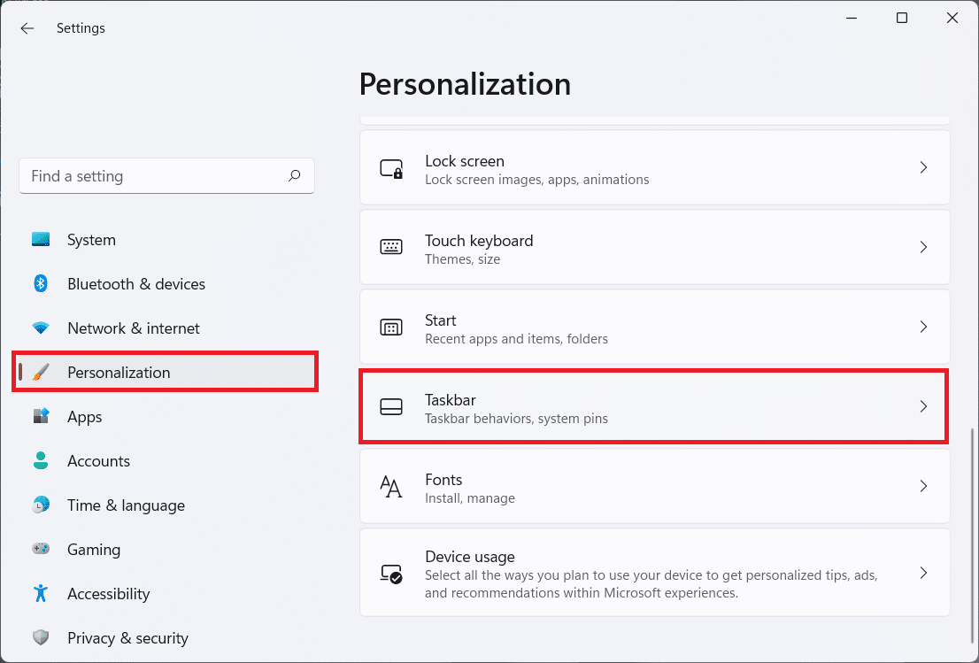 Personalization tab in the Settings app