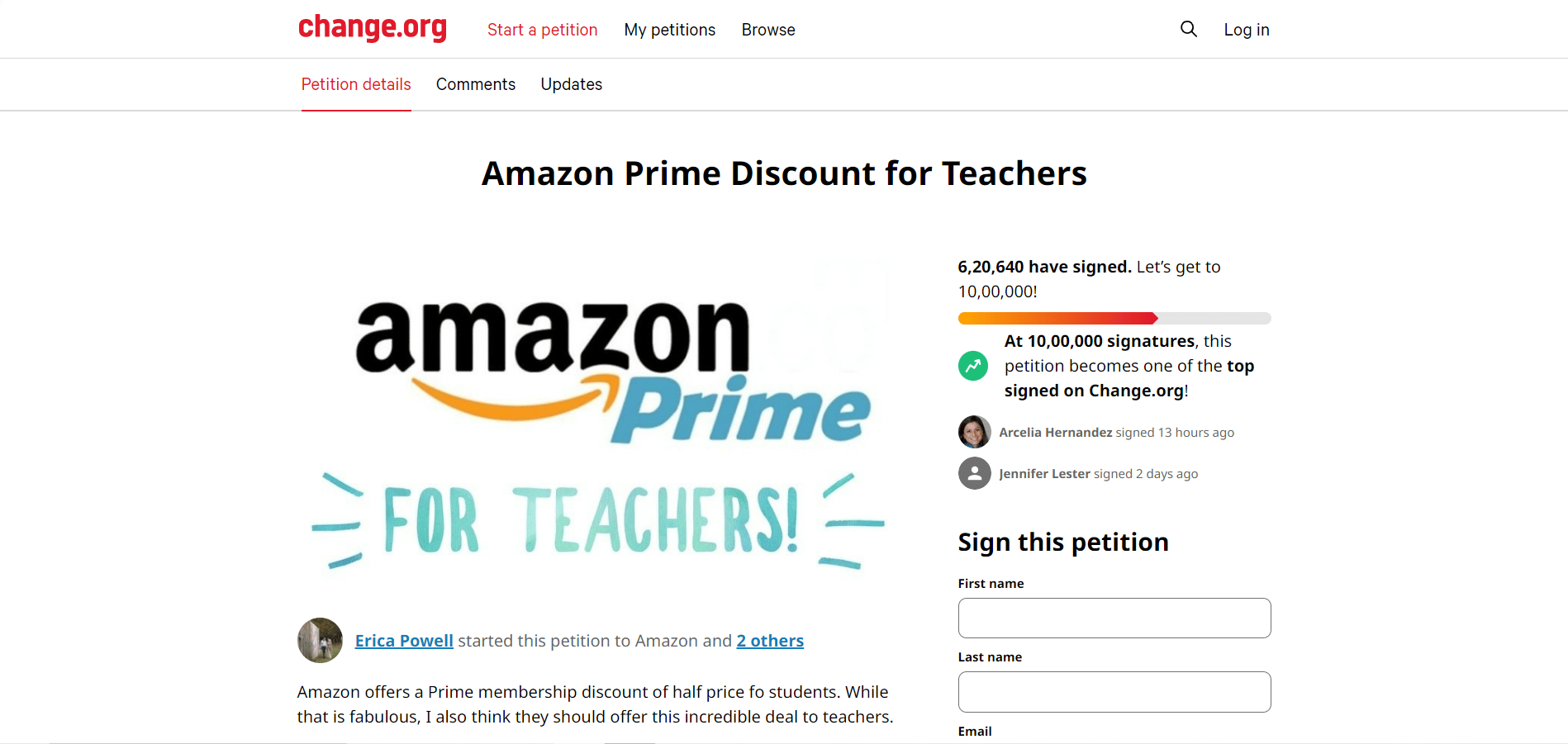petitie voor Amazon Prime-korting voor leraren