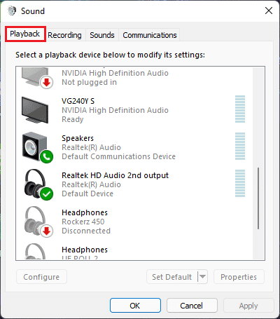 playback tab in Sound window Windows 11