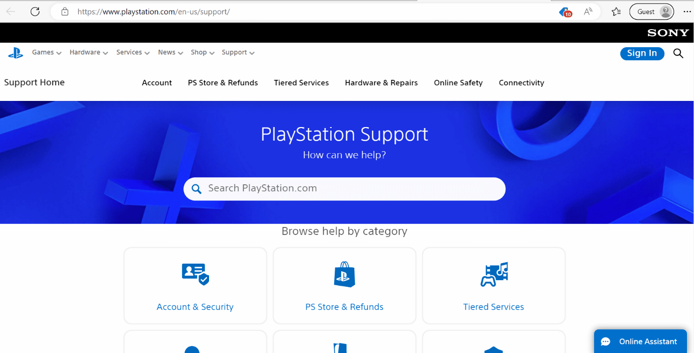 page d'assistance Playstation