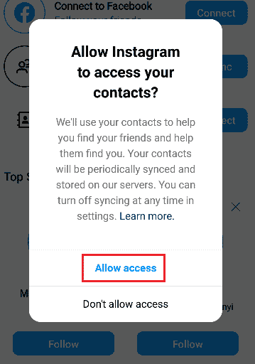 Pop-up Allow Instagram to access your contacts? Action: Allow access or Don't allow access | How to Find Contacts on Instagram