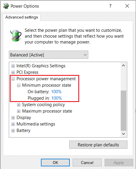 Power Options Advanced settings window.