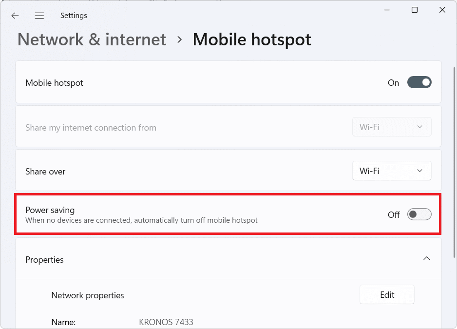 Power Saving toggle in Mobile Hotspot section. How to Enable or Disable Mobile Hotspot in Windows 11