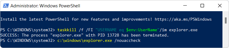 PowerShell command to run File Explorer as administrator. 