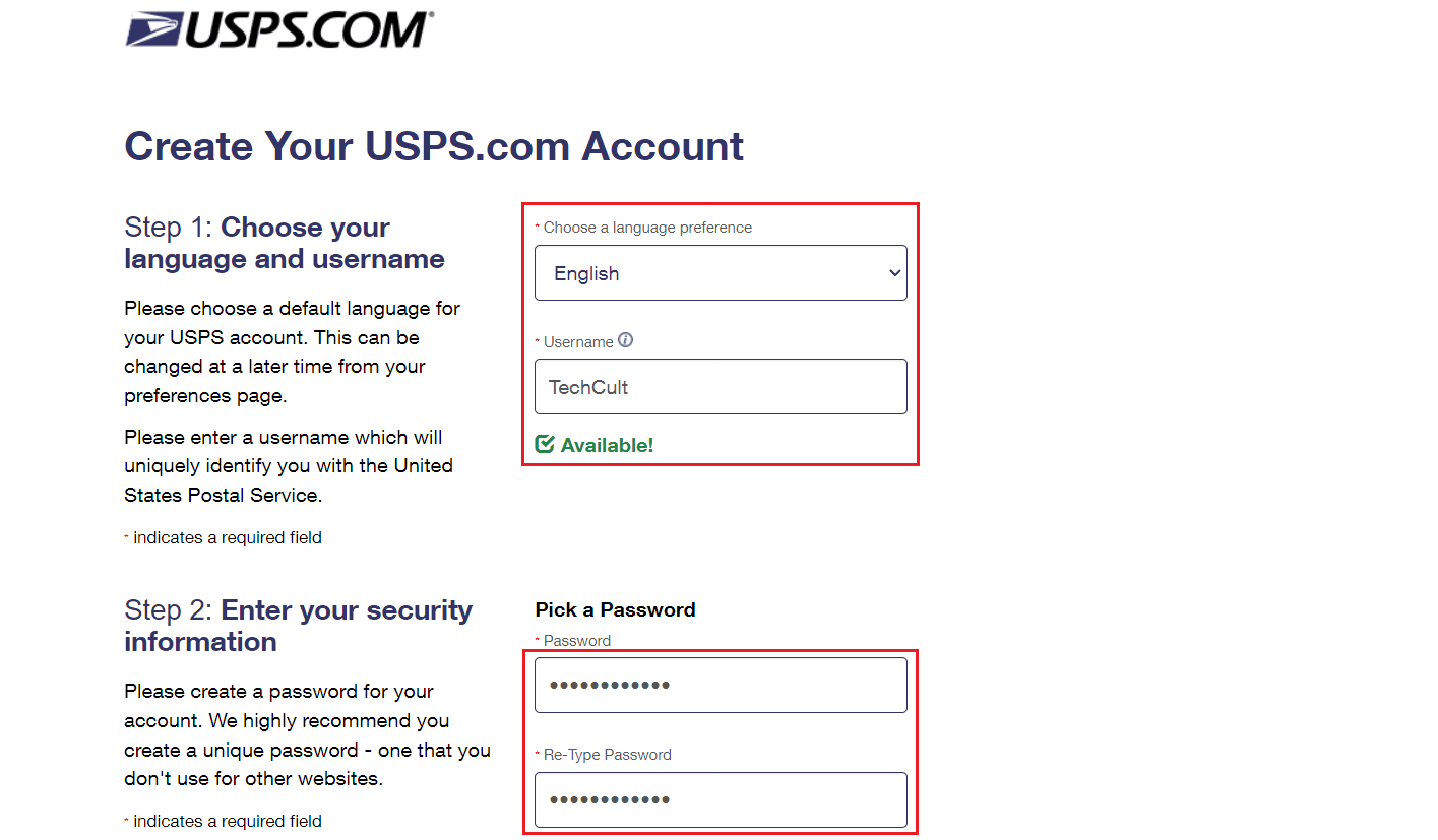 preferred language - desired username - enter and confirm your desired password | reset password or change username on USPS.com