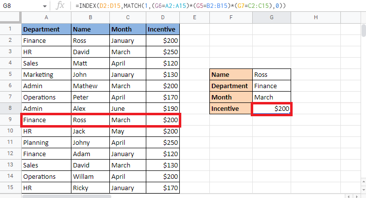 Press Enter key to get the target value. How to INDEX MATCH Multiple Criteria in Google Sheets