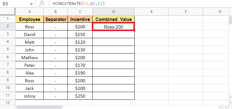Press Enter key to see the target value. How to Combine Two Columns in Google Sheets