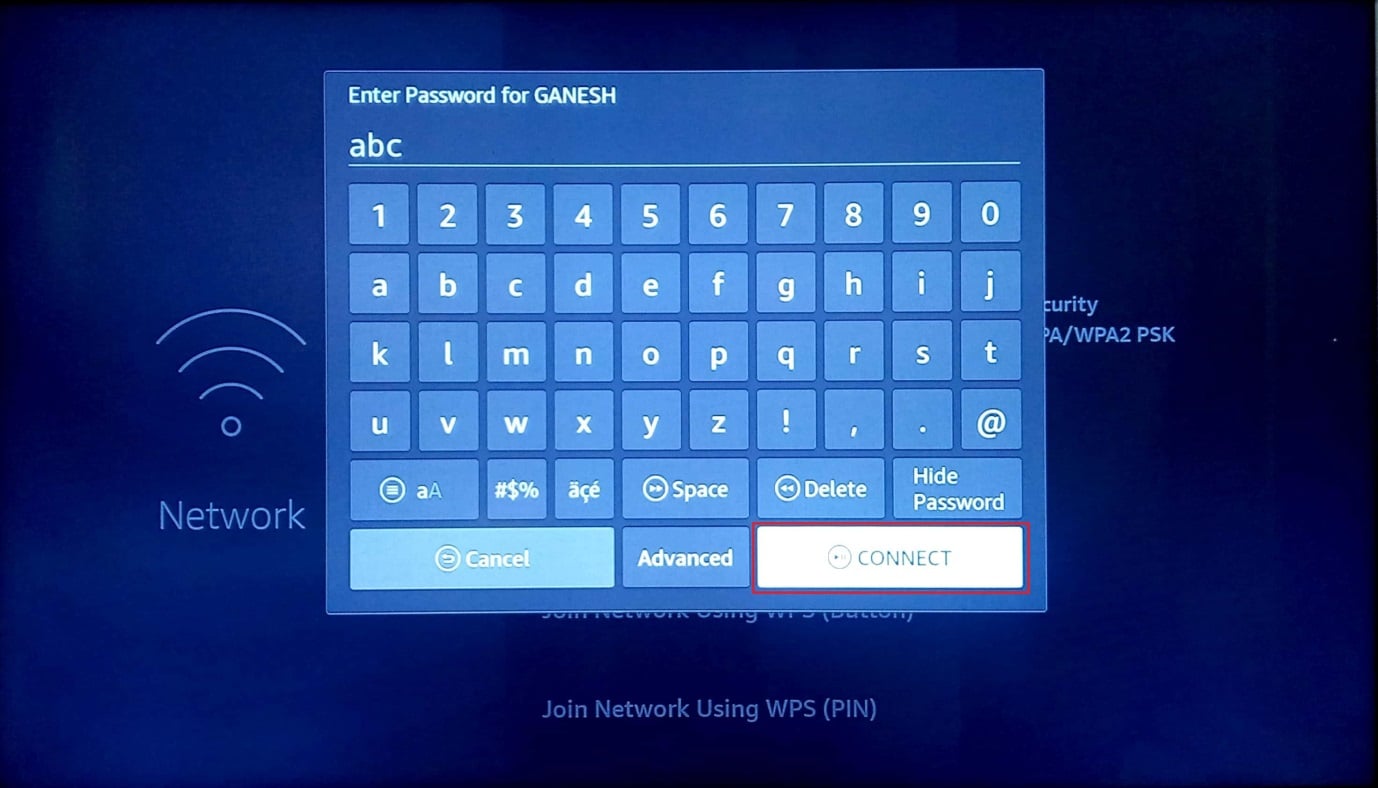 виберіть кнопку підключення після введення правильного пароля
