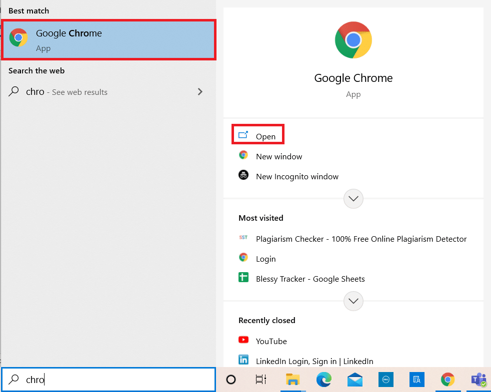 Presione la tecla de Windows. Escribe Chrome y ábrelo | RESULT_CODE_HUNG