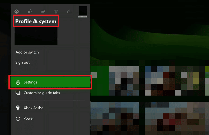 Press the Xbox button and select the Settings option in the Profile and system section