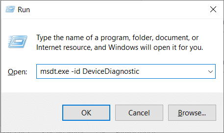 type command to open hardware and devices troubleshooter in Run dialog box. How to Fix Laptop Camera Not Detected on Windows 10