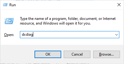 พิมพ์ dxdiag จากนั้นกด Enter ในกล่องโต้ตอบ Run แก้ไข Dota 2 ไม่ตอบสนองใน Windows 10