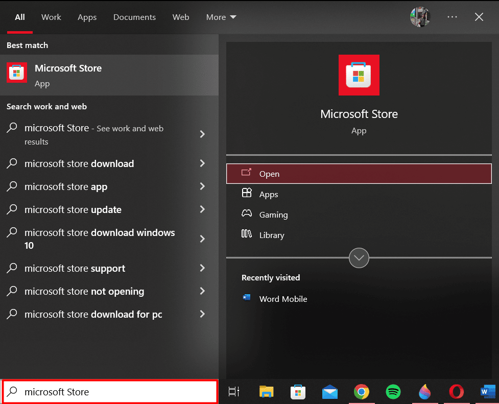 Shtypni tastin Windows dhe kërkoni Microsoft Store | Regjistrimi i ekranit të shiritit të lojërave Xbox