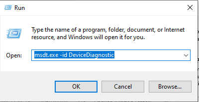Press Windows Key + R to open Run and type msdt.exe -id DeviceDiagnostic, hit Enter.