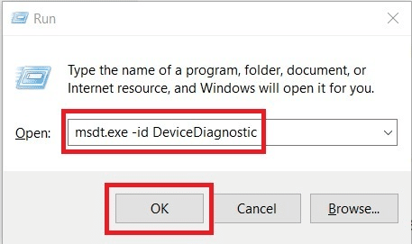 Press Windows key and R. Type msdt.exe id DeviceDiagnostic command to open hardware and devices troubleshooter and hit the enter key