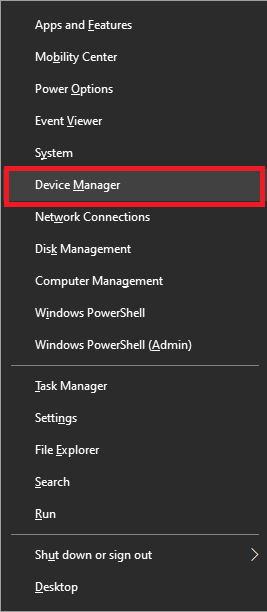 Press Windows and X keys together and click on Device Manager