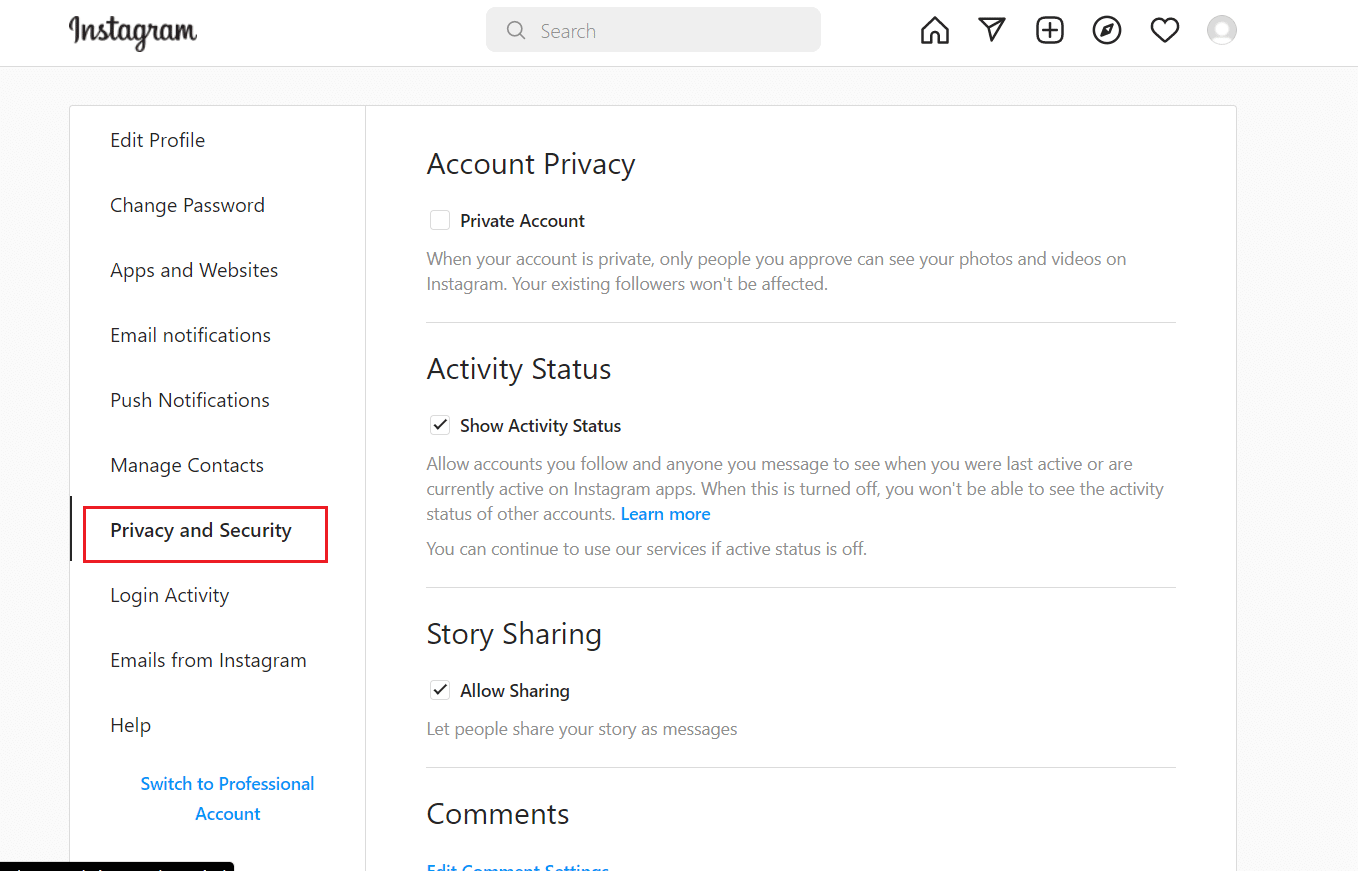 privacy and security menu in edit profile instagram page desktop version