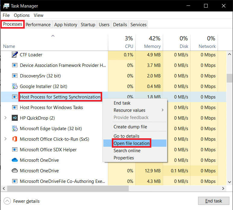 Processes tab in the Task Manager. Fix Host Process for Setting Synchronization
