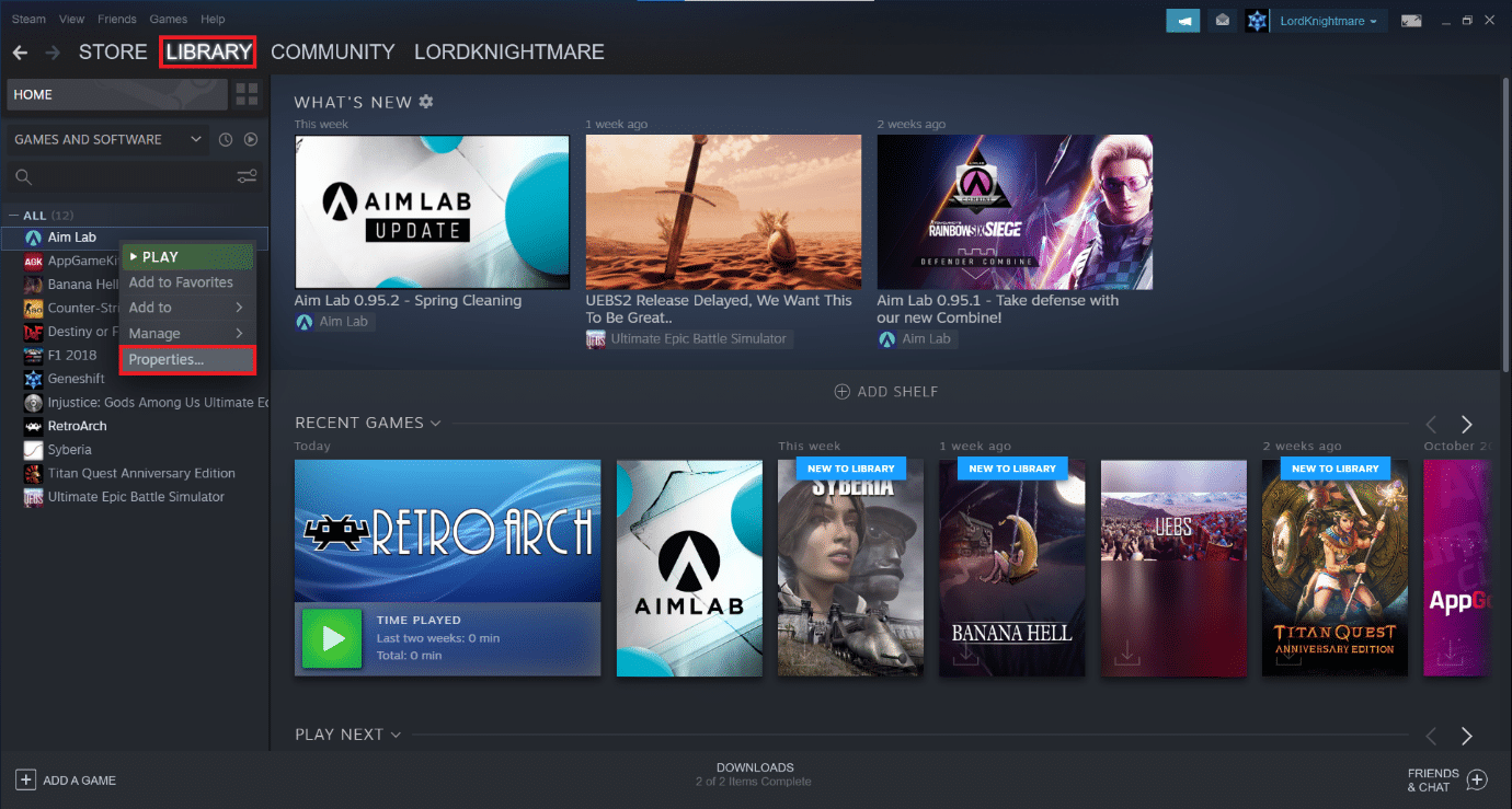 Properties of a game in Library section of the Steam PC Client