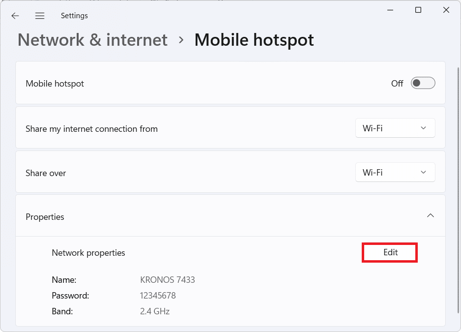 Properties tile in Mobile Hotspot section