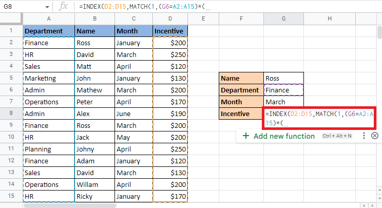 Put an asterisk and open brackets to enter the next criteria. How to INDEX MATCH Multiple Criteria in Google Sheets