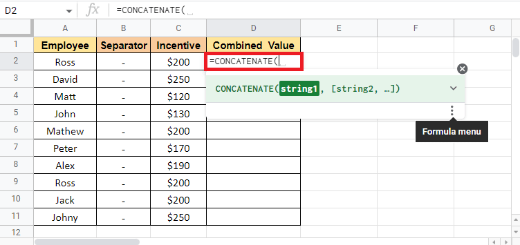 Put an equal to and start by typing CONCATENATE in cell D2 where we want the target value 