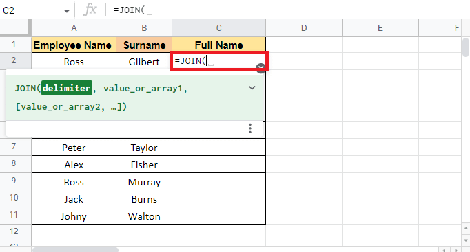 Put an equal to (=) and start typing the JOIN formula in the cell where you want the target value 