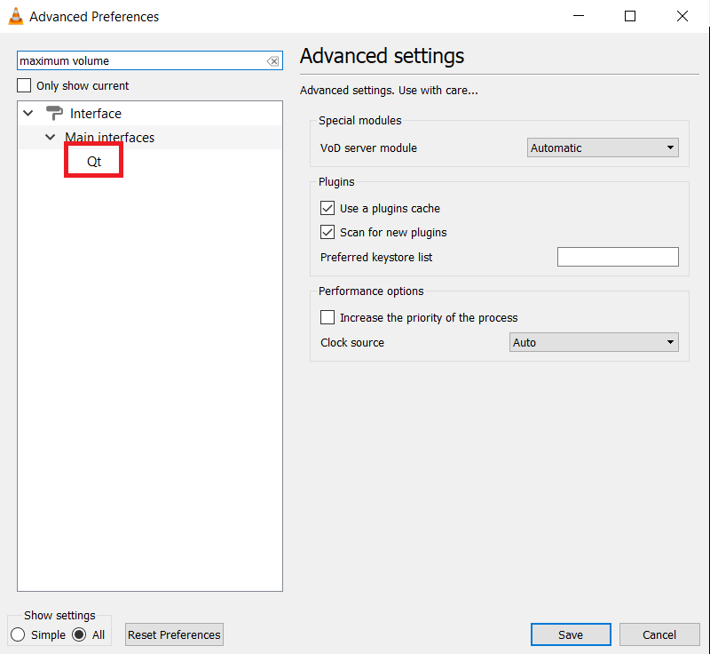 click on Qt option in Advanced preferences VLC