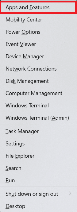 select apps and features in Quick Link menu. How to Fix Windows 11 Black Screen with Mouse Cursor Issue