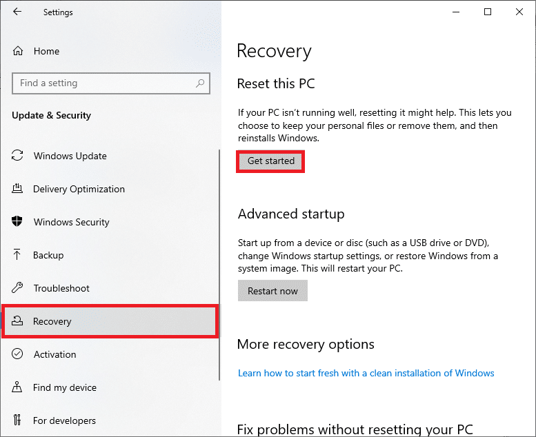 Recovery option window. Fix No Cameras are Attached in Windows 10