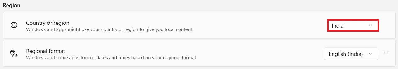 Region section in Language and region settings