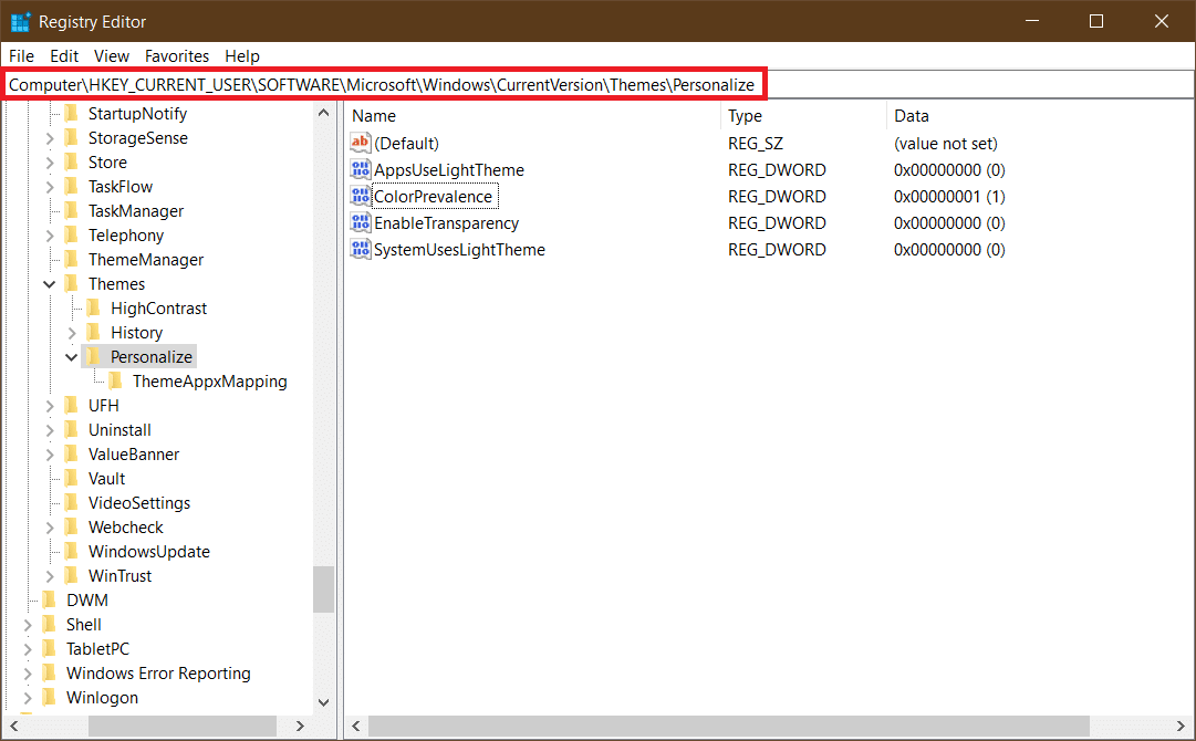 Registry Editor window. How to Change Taskbar Color in Windows 10