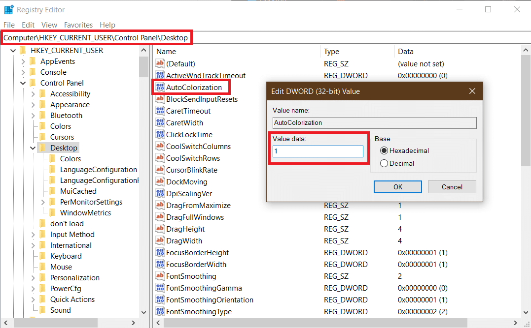 Registry Editor window. AutoColorization key is highlighted. 