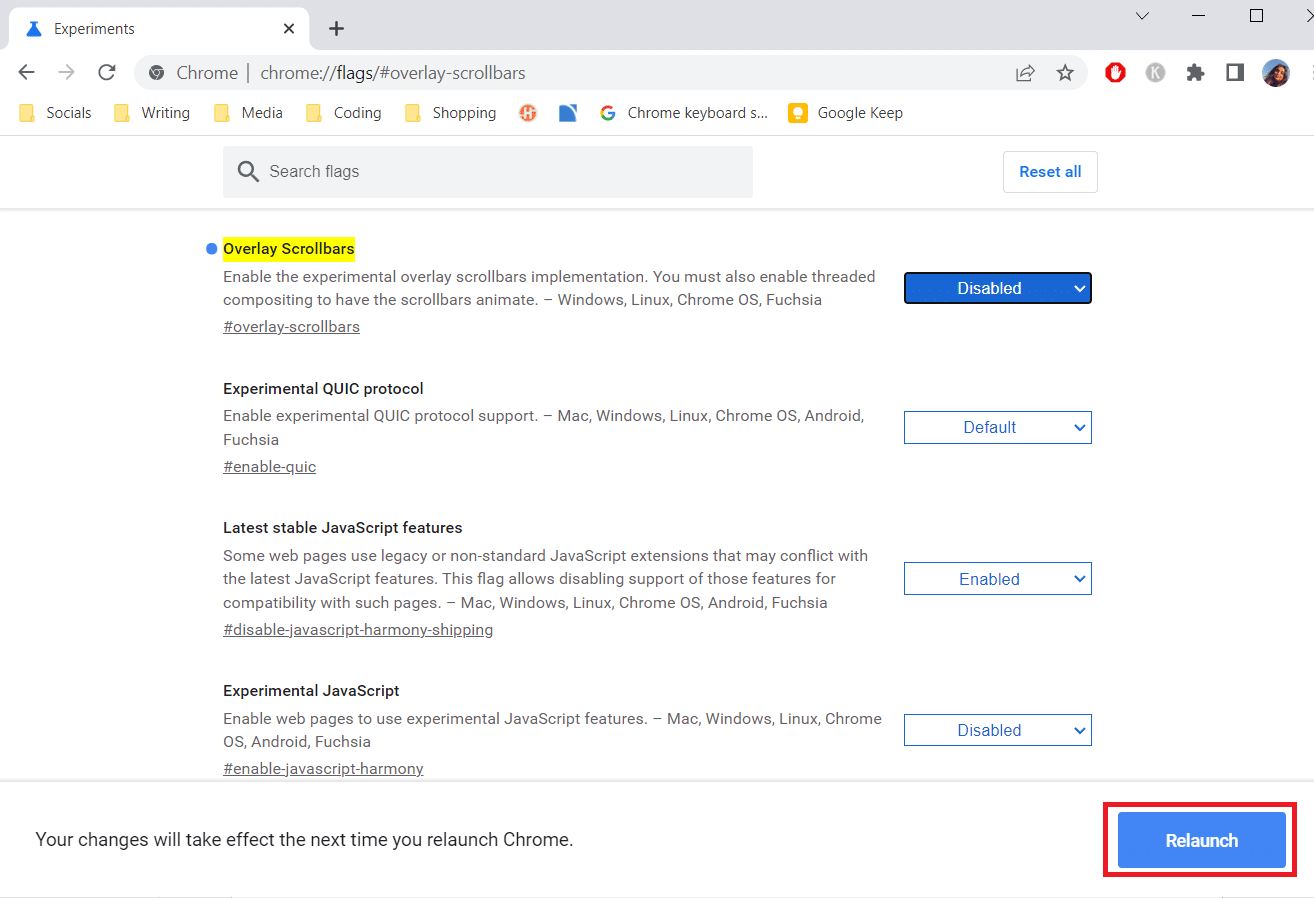 Relaunch button. Fix Chrome Scrollbar Disappears in Windows 10