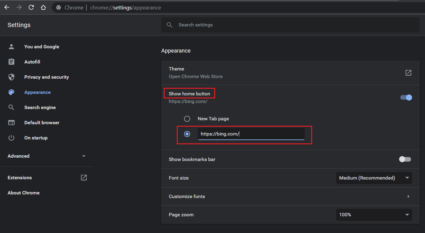 remove bing url in Show home button appearance Settings Chrome. How to Remove Bing from Chrome