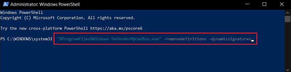remove definitions and dynamic signatures command in windows powershell