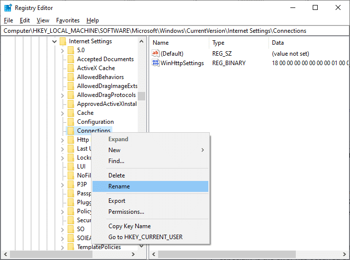 Rename Connections Folder in Registry Editor. Fix INET E Security Problem in Microsoft Edge