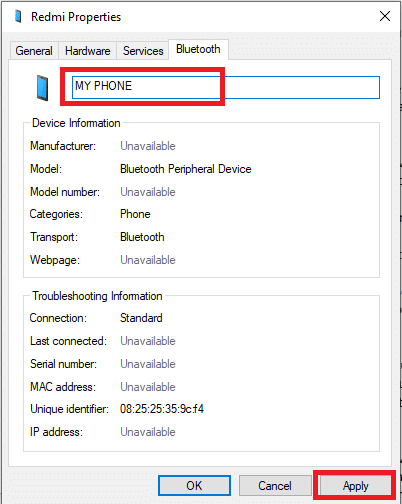 rename the Bluetooth device and click on Apply to save the changes.