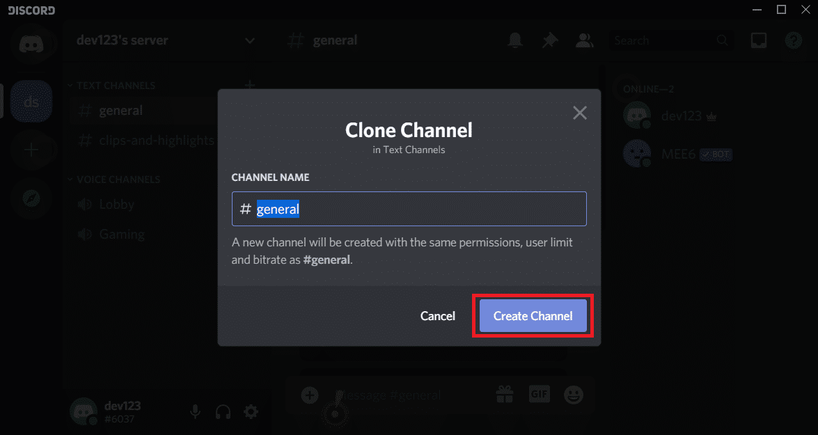 rename the cloned channel and click Create Channel | Delete All Messages in Discord