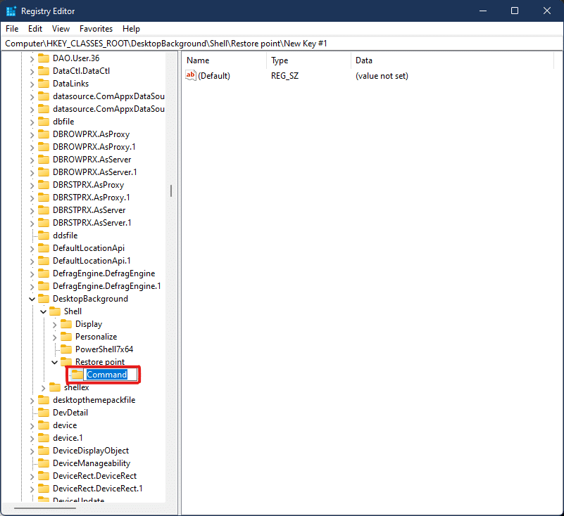 rename the key as Command in Registry Editor Windows 11
