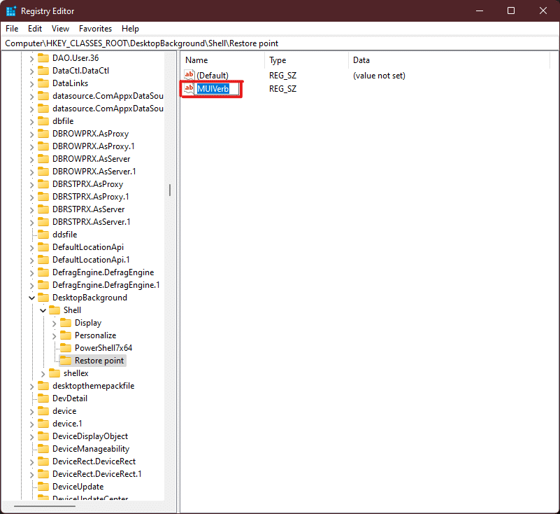 rename the new String Value as MUIVerb in Registry Editor Windows 11
