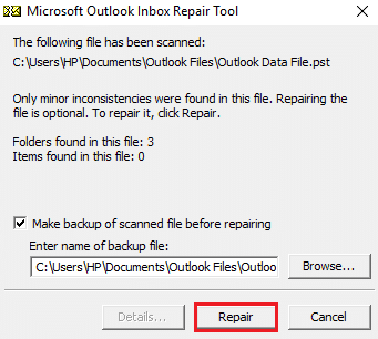 reparar a ferramenta de reparo da caixa de entrada do Microsoft Outlook