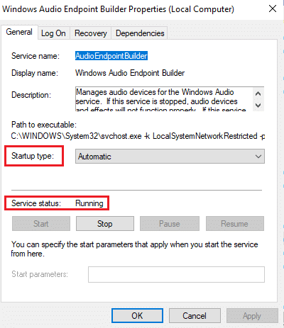 windows audio service service status running