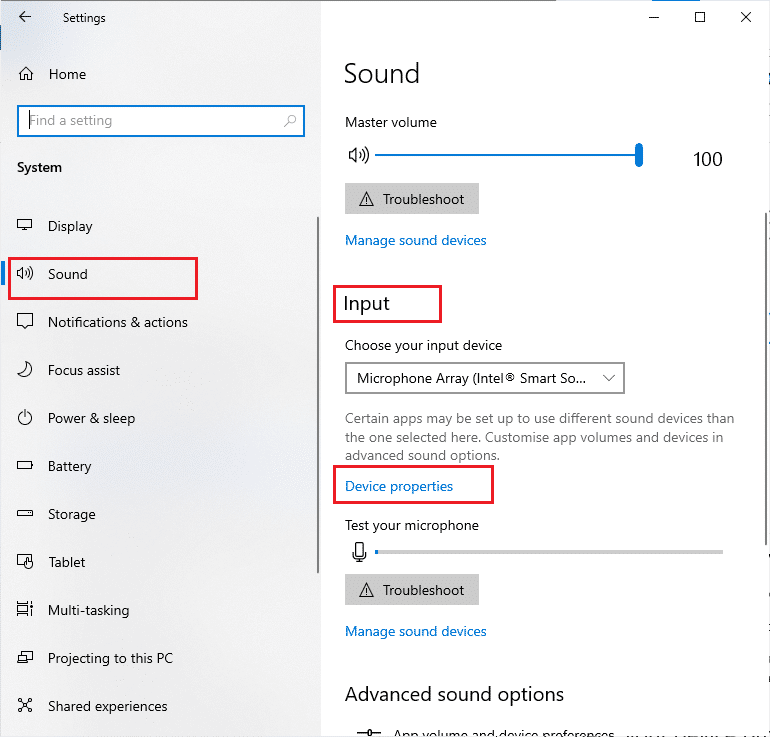 sound input device properties
