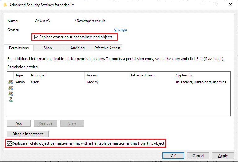 Replace owner on subcontainers and objects Replace all child object permission entries with inheritable permission entries from this object. Fix Service Error 1053 on Windows 10